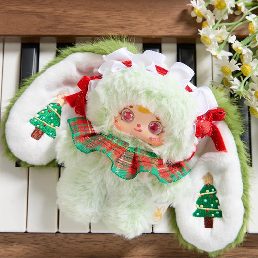Three Little Mao Snow Night Party Plush Series - Festive Green Plush with Christmas Tree Accents and Red Bow